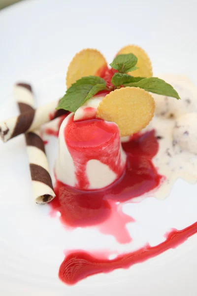 Erdbeer-Panna-Cotta-Pudding mit Eis — Stockfoto