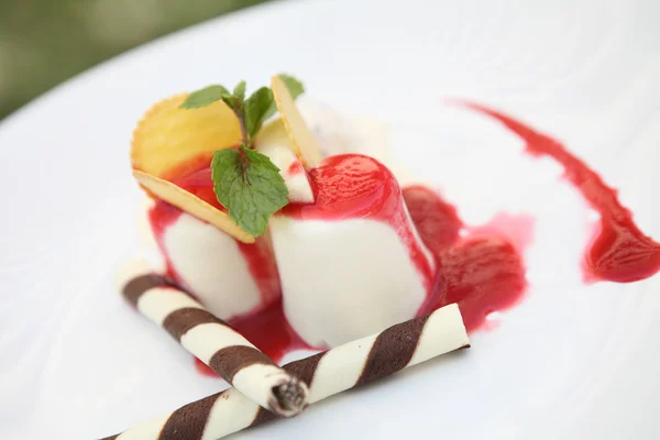 アイス クリームといちごのパンナコッタ コッタ プリン — ストック写真