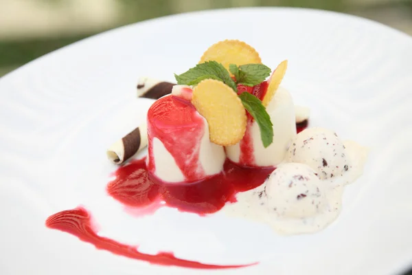 Strawberry Panna Cotta pudding with ice cream — Stock Photo, Image