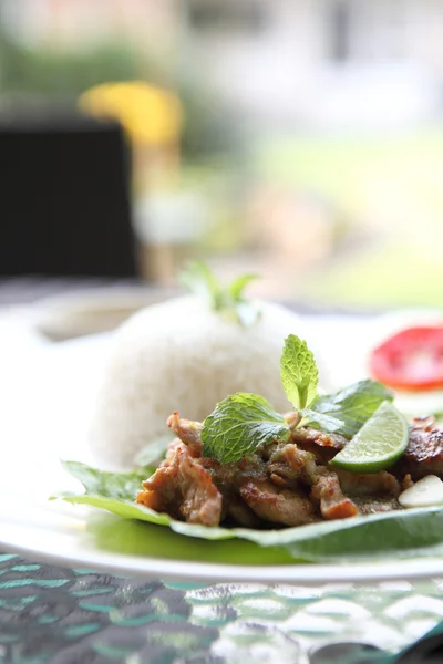 Babi panggang pedas dengan nasi. — Stok Foto