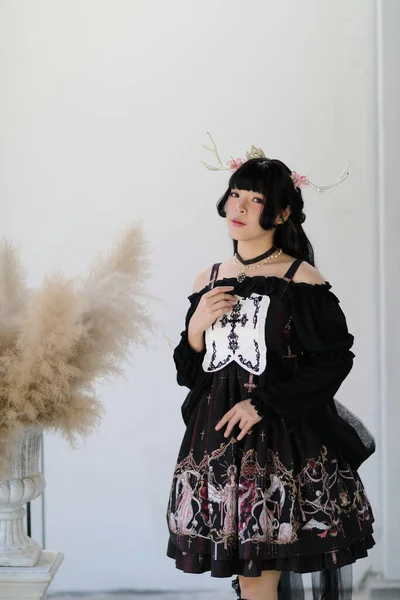Portré Ázsiai Lány Lolita Divat Ruha Vintage Kert Háttér — Stock Fotó