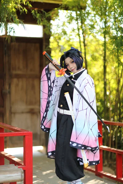 Japan Anime Cosplay Portrait Girl Comic Costume Japanese Theme Garden — Stock Photo, Image