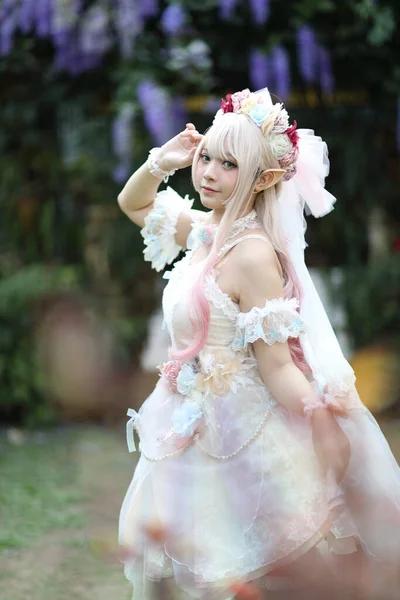 Beautiful Young Woman White Lolita Dress Flowers Garden Japanese Fashion — Stock Photo, Image