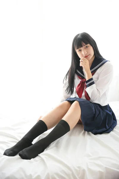 Asian High School Girls Student Sitting Looking Camera White Room — Stock Photo, Image