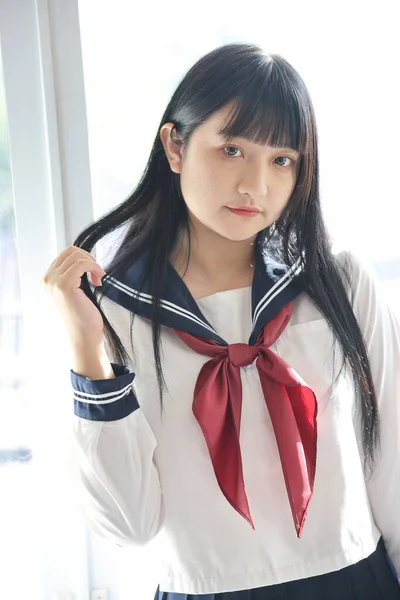 Asian High School Girls Student Looking Camera White Room — Stock Photo, Image