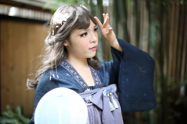 Beautiful Young Woman Dark Blue Chinese Lolita Dress Chinese Garden — Stock Photo, Image