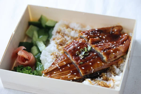 Enguia Comida Japonesa Grelhada Com Arroz Unagi Don Com Take — Fotografia de Stock