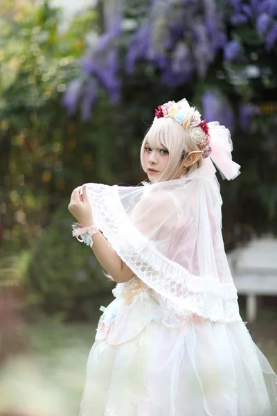 Beautiful Young Woman White Lolita Dress Flowers Garden Japanese Fashion — Stock Photo, Image