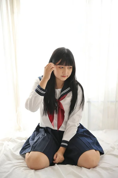Asian High School Girls Student Sitting Looking Camera White Room — Stock Photo, Image