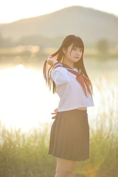 Asian High School Girls Student Looking Camera Countryside Sunrise — Stock fotografie