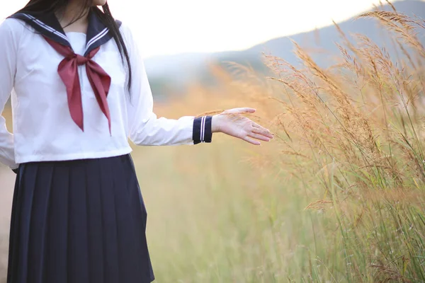 Asian High School Girls Student Hand Touch Grass Countryside Sunrise — Stock Photo, Image