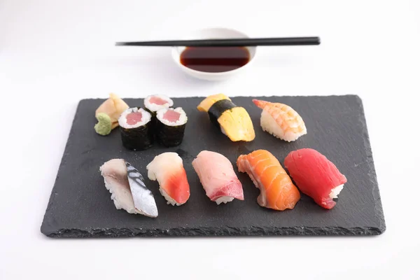 Sushi Set Nigiri Sushi Rolls Soy Sauce Chopsticks Japanese Food — Stock Photo, Image