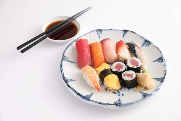 Sushi Set Nigiri Sushi Rolls Soy Sauce Chopsticks Japanese Food — Stock Photo, Image
