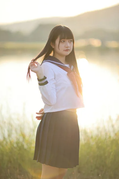Asian High School Girls Student Looking Camera Countryside Sunrise — Stock fotografie