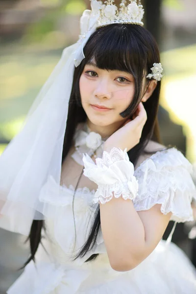 Portrait Asian Girl Lolita Fashion Dress Garden Background — Stok Foto