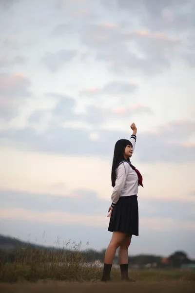 Asian High School Girls Student Looking Camera Countryside Sunrise — Stock fotografie