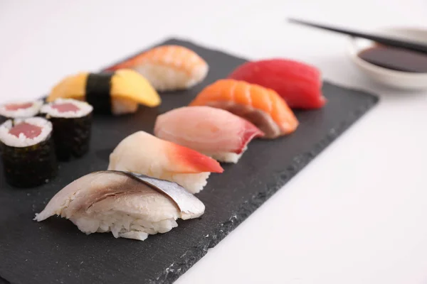 Sushi Set Nigiri Sushi Rolls Soy Sauce Chopsticks Japanese Food — Stock Photo, Image