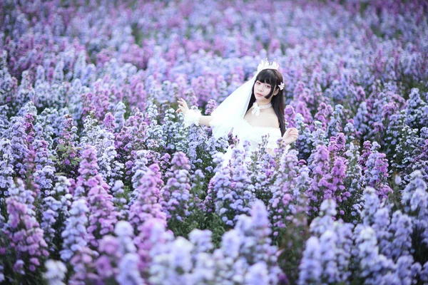 Beautiful Young Woman White Lolita Dress European Garden Japanese Fashion — Stock Photo, Image