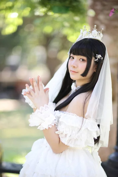 Gyönyörű Fiatal Fehér Lolita Ruha Európai Kert Japán Divat — Stock Fotó