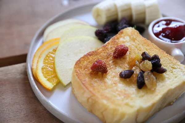 Toast Breakfast Dried Berry Jam Wood Background — Stock Photo, Image