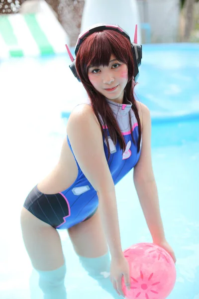 Portrait Japan Anime Cosplay Girl Swim Suit Swimming Pool — Stock Photo, Image