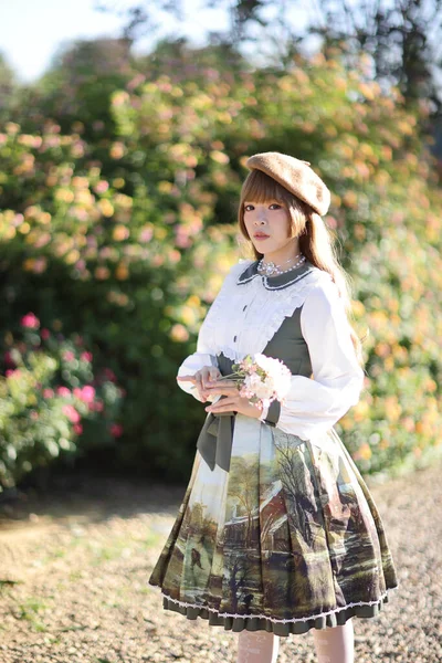 Beautiful Woman Lolita Dress Garden Background Japanese Street Fashion Portrait — Stock Photo, Image