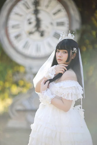 Beautiful Young Woman White Lolita Dress European Garden Japanese Fashion — Stock Photo, Image