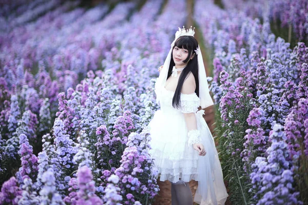 Beautiful Young Woman White Lolita Dress European Garden Japanese Fashion — Stock Photo, Image