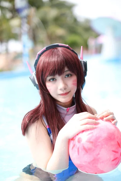 Portrait Japan Anime Cosplay Girl Swim Suit Swimming Pool — Stock Photo, Image