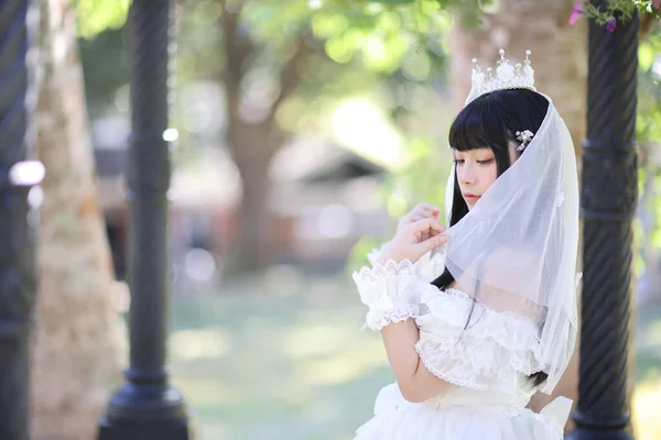 Beautiful Young Woman White Lolita Dress European Garden Japanese Fashion — Stock Photo, Image