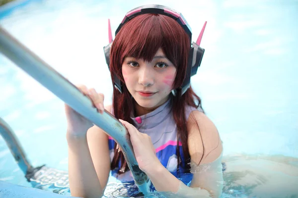 Retrato Japón Anime Cosplay Chica Con Traje Baño Piscina —  Fotos de Stock