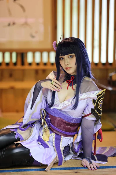 Portrait Beautiful Young Woman Game Cosplay Samurai Dress Costume — Stock Photo, Image