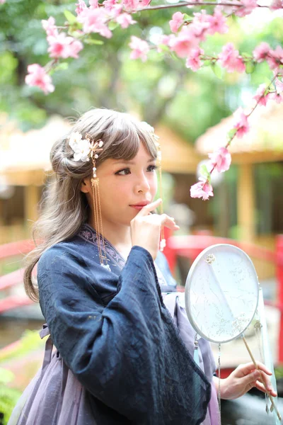 Beautiful Young Woman Dark Blue Chinese Lolita Dress Chinese Garden Royalty Free Stock Photos