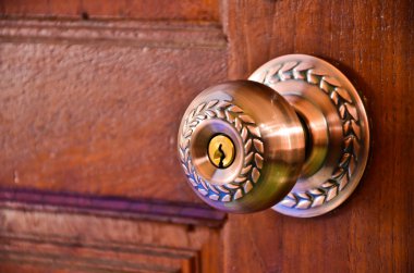 Color photo of a metal handle on a wooden door