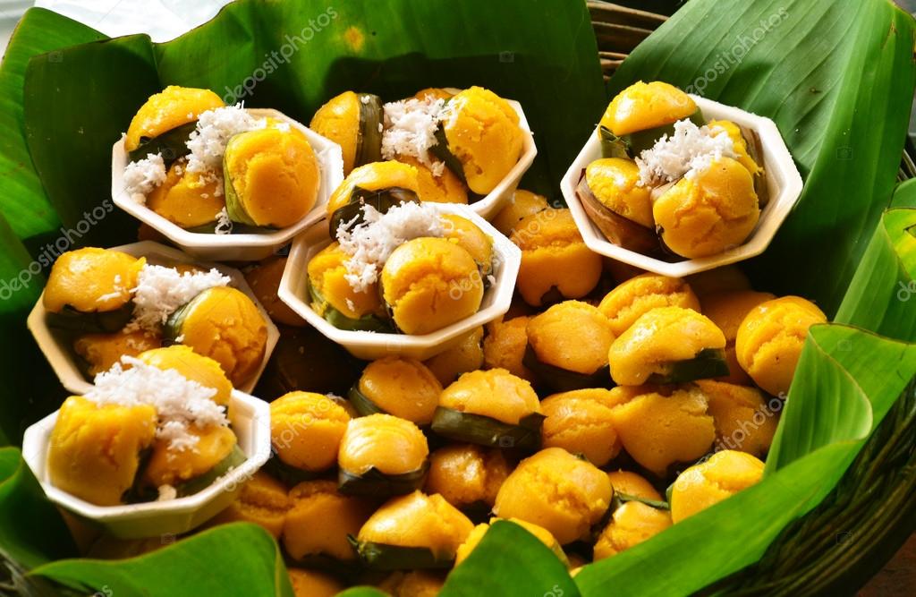 Dessert Thai sweet sugar palm cake with coconut Stock Photo by