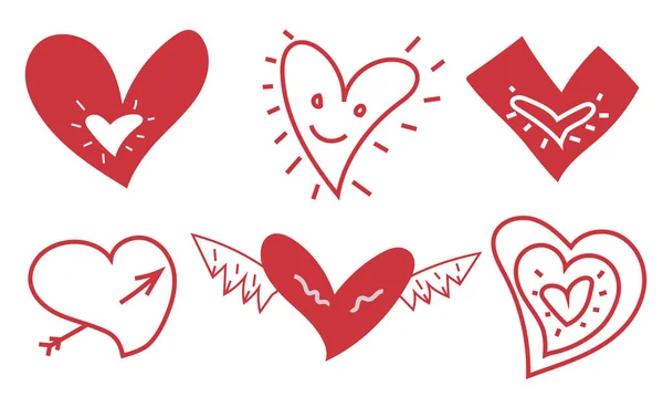 Набор Ручных Красных Сердец Элементы Векторного Дизайна Изолированы Белом Фоне — стоковый вектор