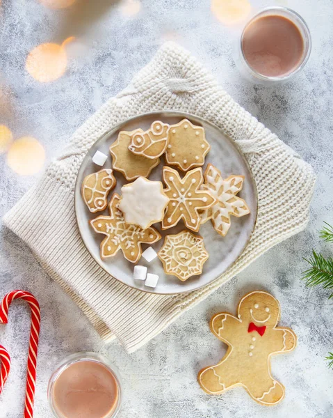 Zencefilli kurabiyeler örgü süveter üzerinde tarek, gözlüklü kakao, üst manzara