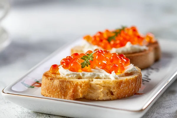 Bruschetta Cheese Red Caviar Plate Close — Stock Photo, Image