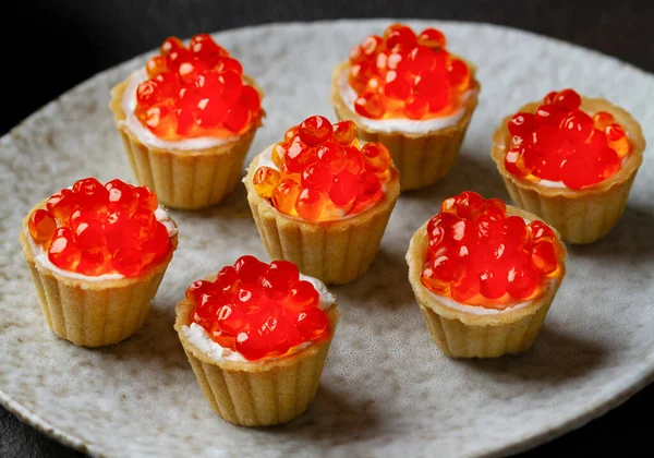 Red Caviar Curd Cheese Tartlets Plate Close — Stock Photo, Image