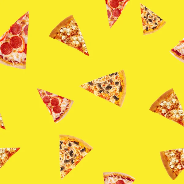 Seamless Pattern Slices Different Pizza Yellow Background — Stock Photo, Image
