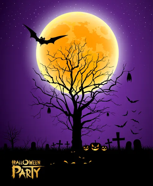 Halloween albero luna piena sfondo — Vettoriale Stock