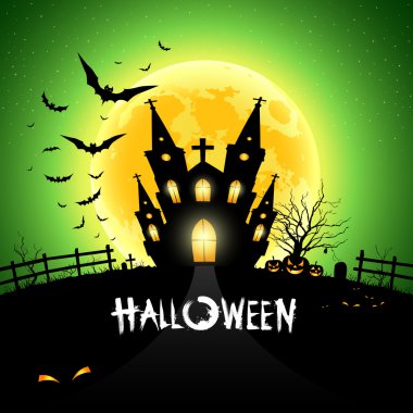 Halloween house yeşil arka plan üzerinde korkunç