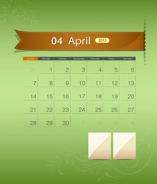 Dubna 2013 kalendář stuhu design — Stockový vektor