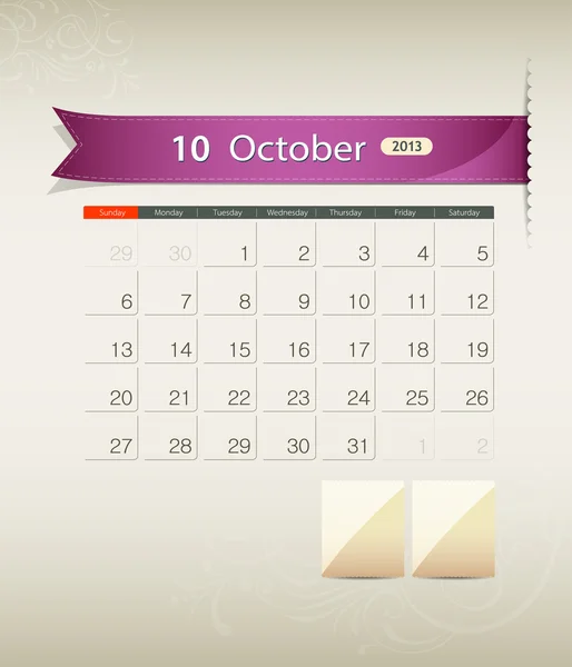 Octubre 2013 calendario cinta de diseño — Vector de stock