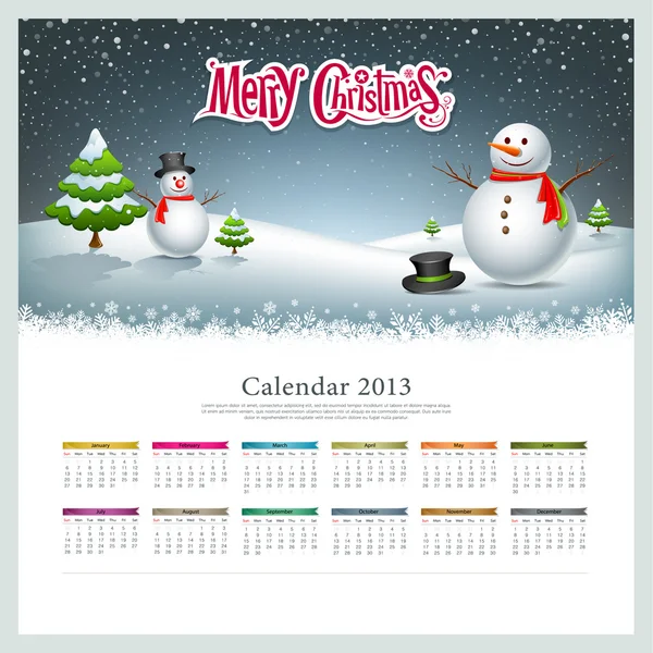 Calendário 2013, Feliz Natal e fundo boneco de neve — Vetor de Stock