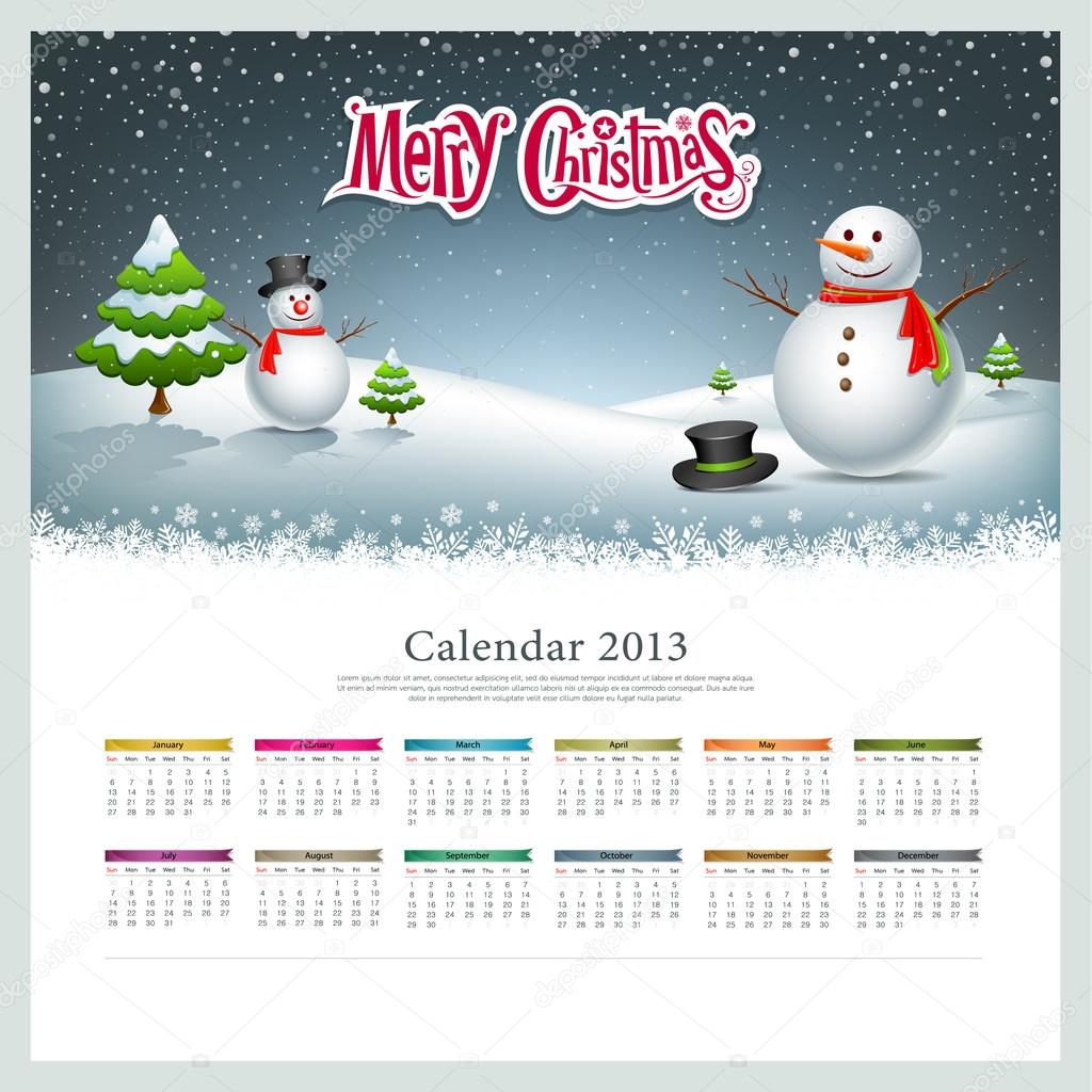 Calendar 2013, Merry christmas and snowman background