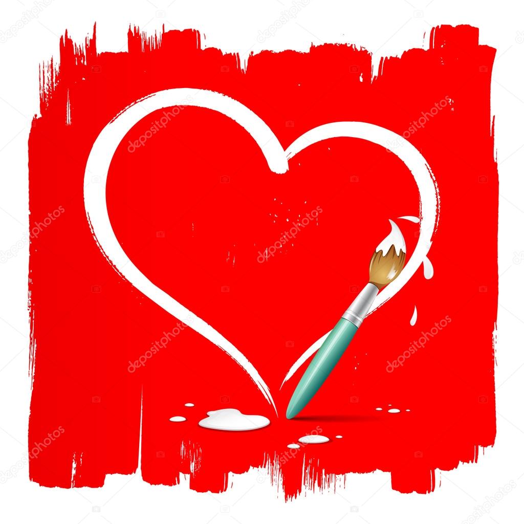 Paint brush heart shape on red background