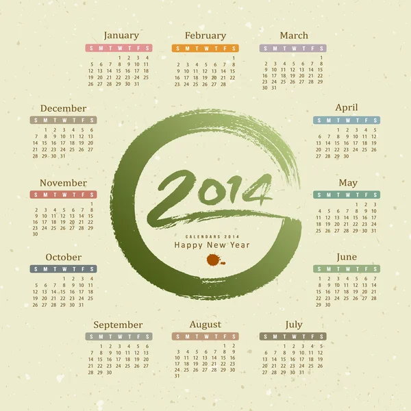 Ημερολόγιο 2014 κείμενο κύκλος βούρτσα χρωμάτων, ανακύκλωση χαρτιού — Διανυσματικό Αρχείο