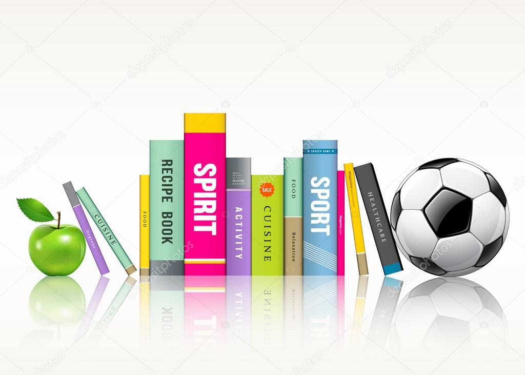 Row of colorful books, soccer ball and green apple