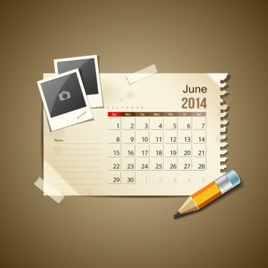 Takvim Haziran 2014, vintage kağıt Not